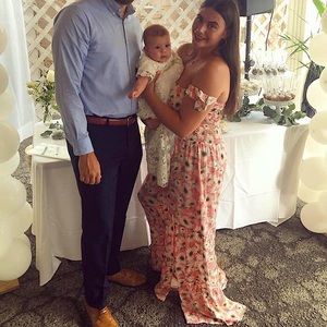 Off the shoulder pink floral maxi dress